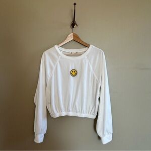 White Velvet Cropped Crewneck with Smiley Face patch- L